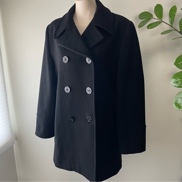 Vintage 100% Wool Classic Chic Double Breasted Pea Coat Black Size - Picture 3 of 9